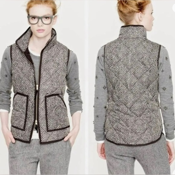 J. Crew Quilted Excursion Puffer Vest, cream& black herringbone, size S - Picture 2 of 7